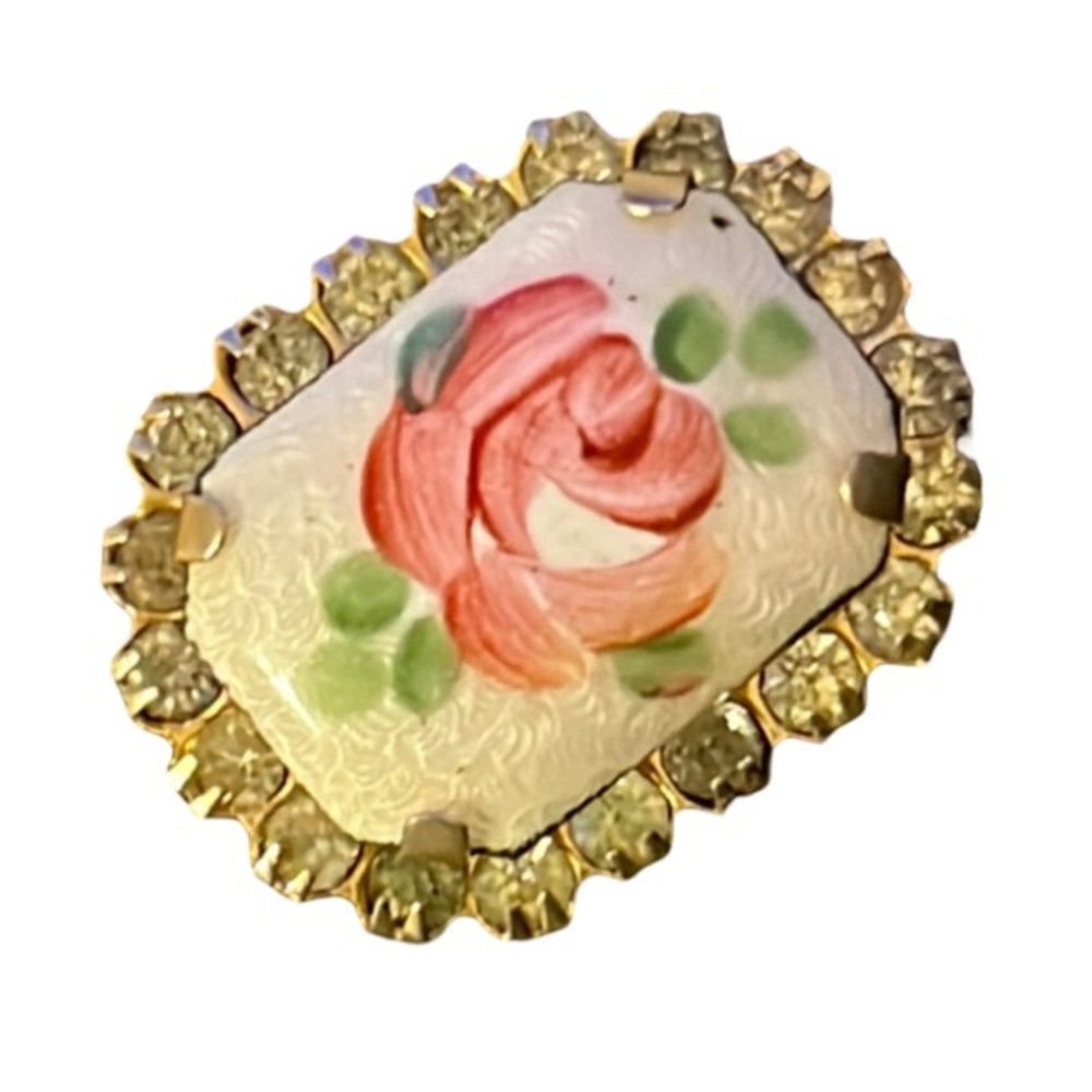 Vintage Gold Tone French Enamel Guilloche Rose Crystal Rhinestone Cameo Brooch